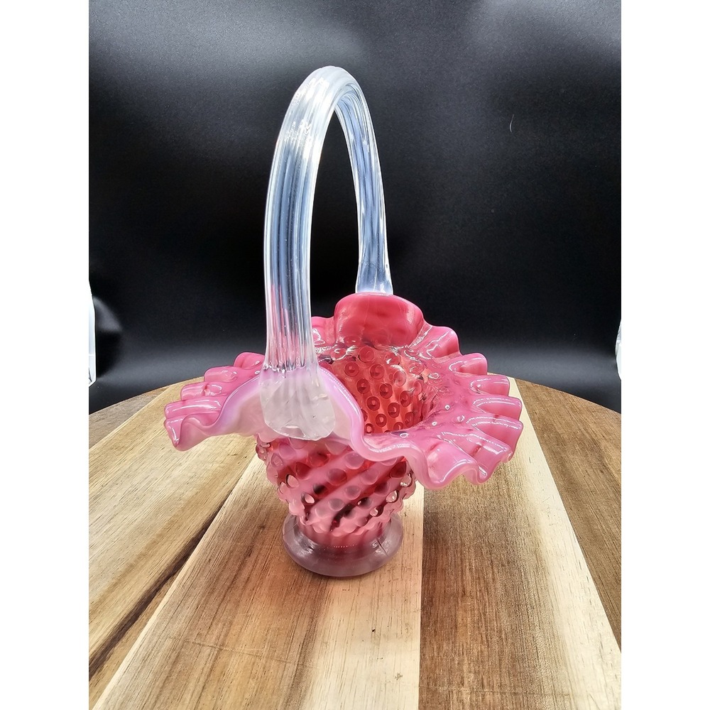 Fenton Cranberry Pink Opalescent Hobnail‎ Basket Clear Handle  6"